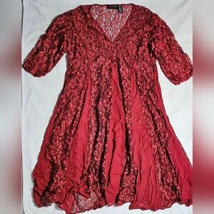 Lola Red/Burgendy Floral Lace See Thru Dress Size Lg Made In India